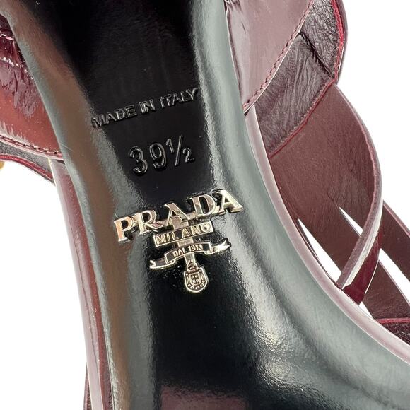 PRADA Patent Leather Fringe Trim Kiltie Buckle Sandals EU 39.5 US 9.5 Block Heel - Picture 10 of 11